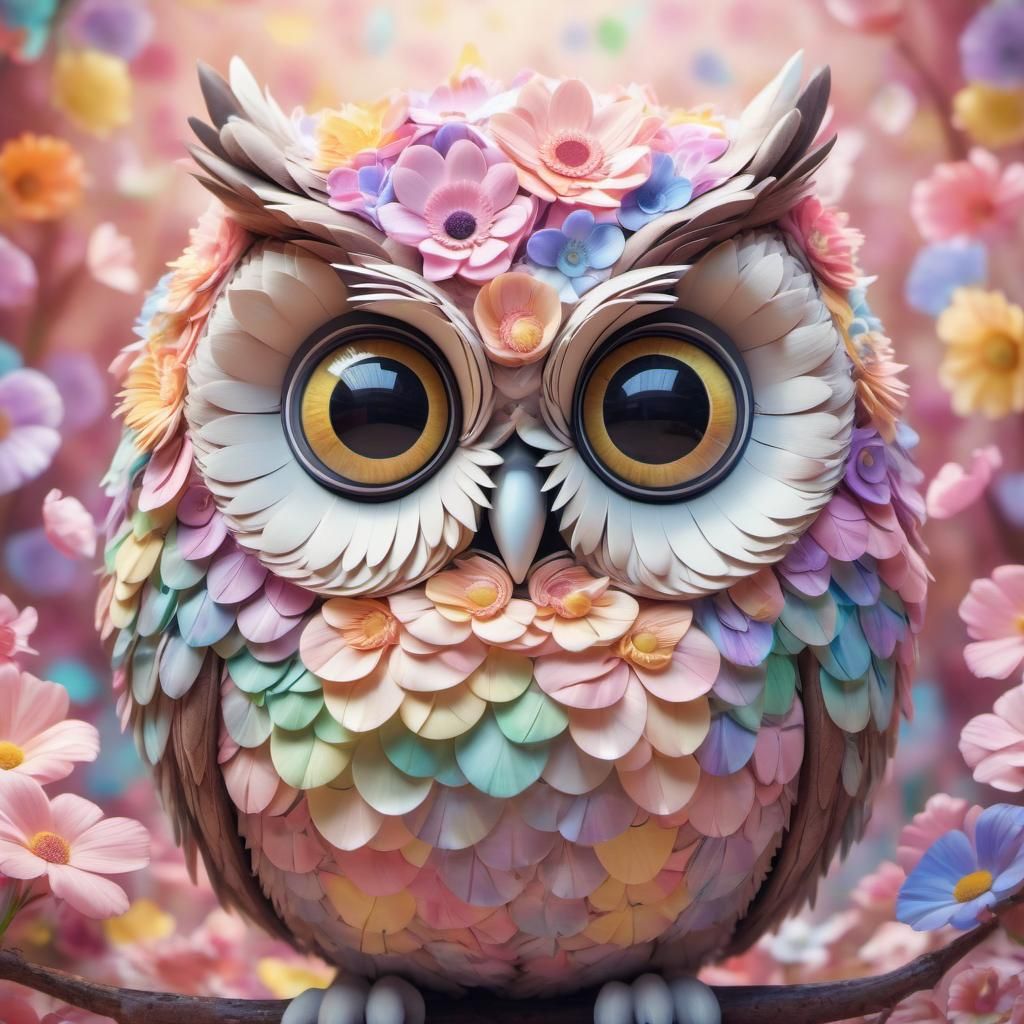 Pastel Flower Owl: Hyperrealistic Digital Art