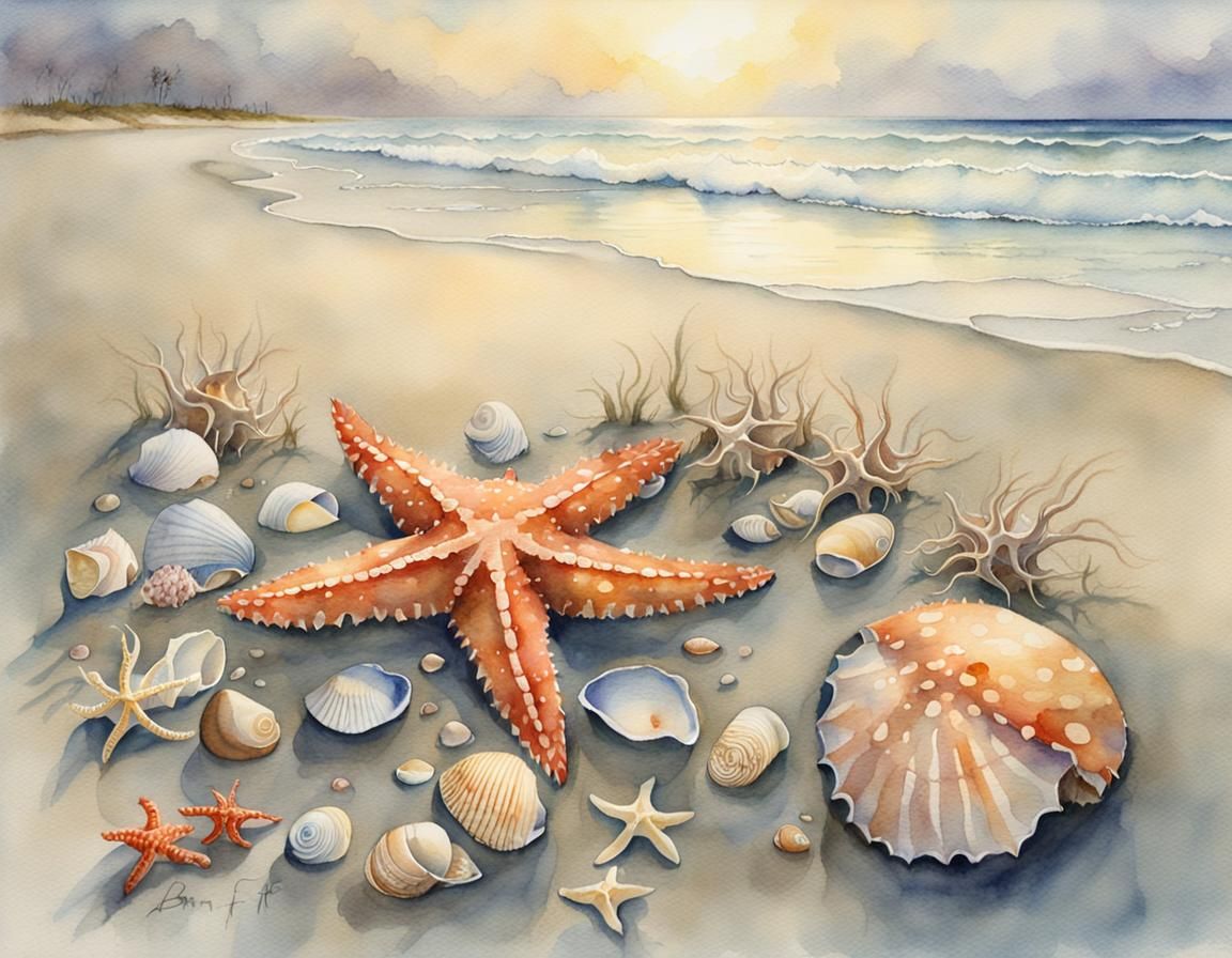 Starfish and Crab: Watercolor Beach Fantasy