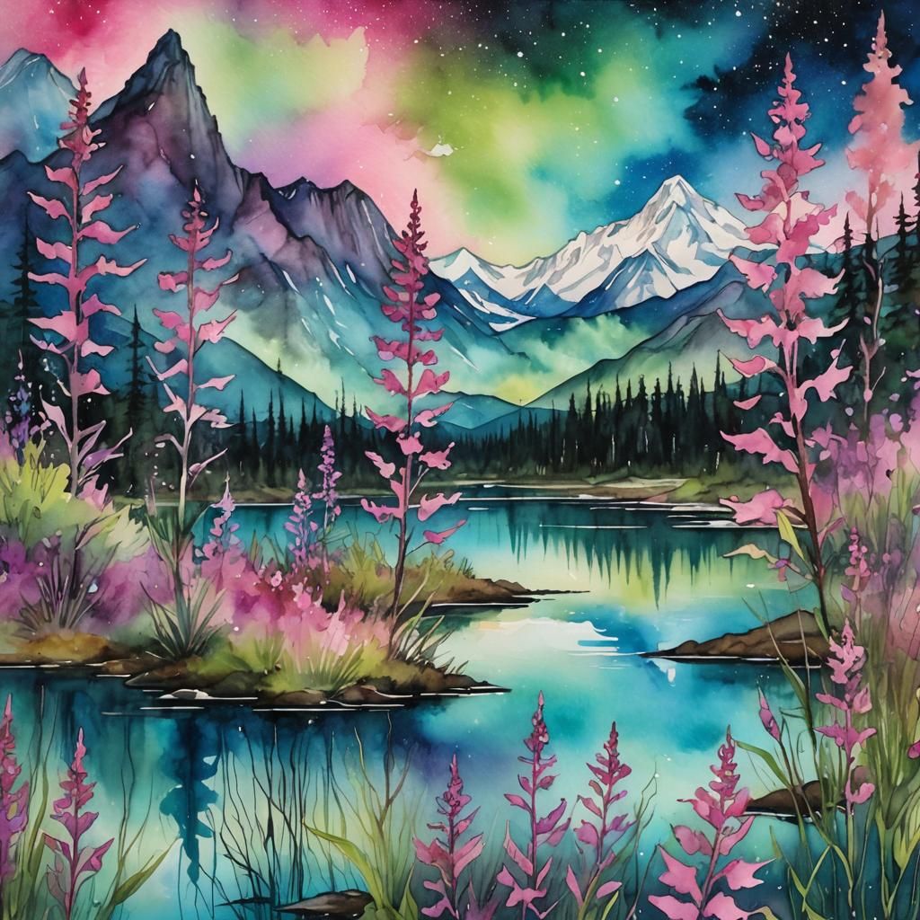 Ethereal Denali Landscape in Watercolor Alcohol Ink