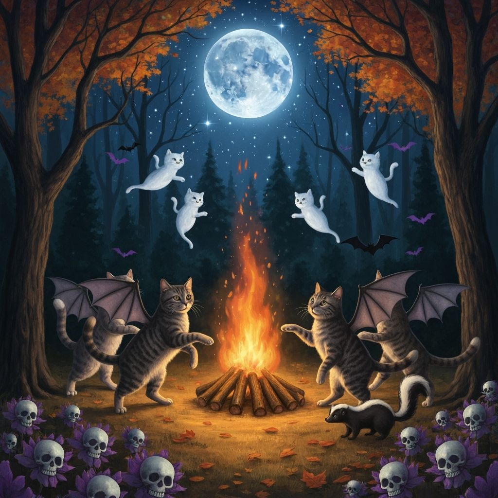 Tabby Cats with Bat Wings Dance Around Bonfire in Haunted Fo...