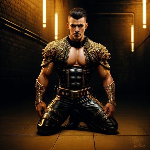 Muscular Man in Leather Uniform in Dungeon