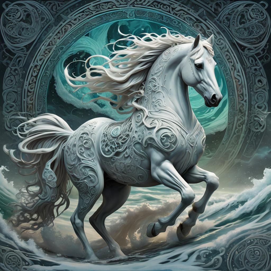 Sea Foam Mare with Celtic Symbols in Dark Fantasy