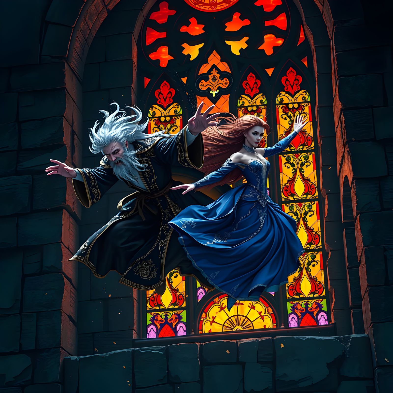 Elegant Sorceress and Wizard Soar into the Night Sky