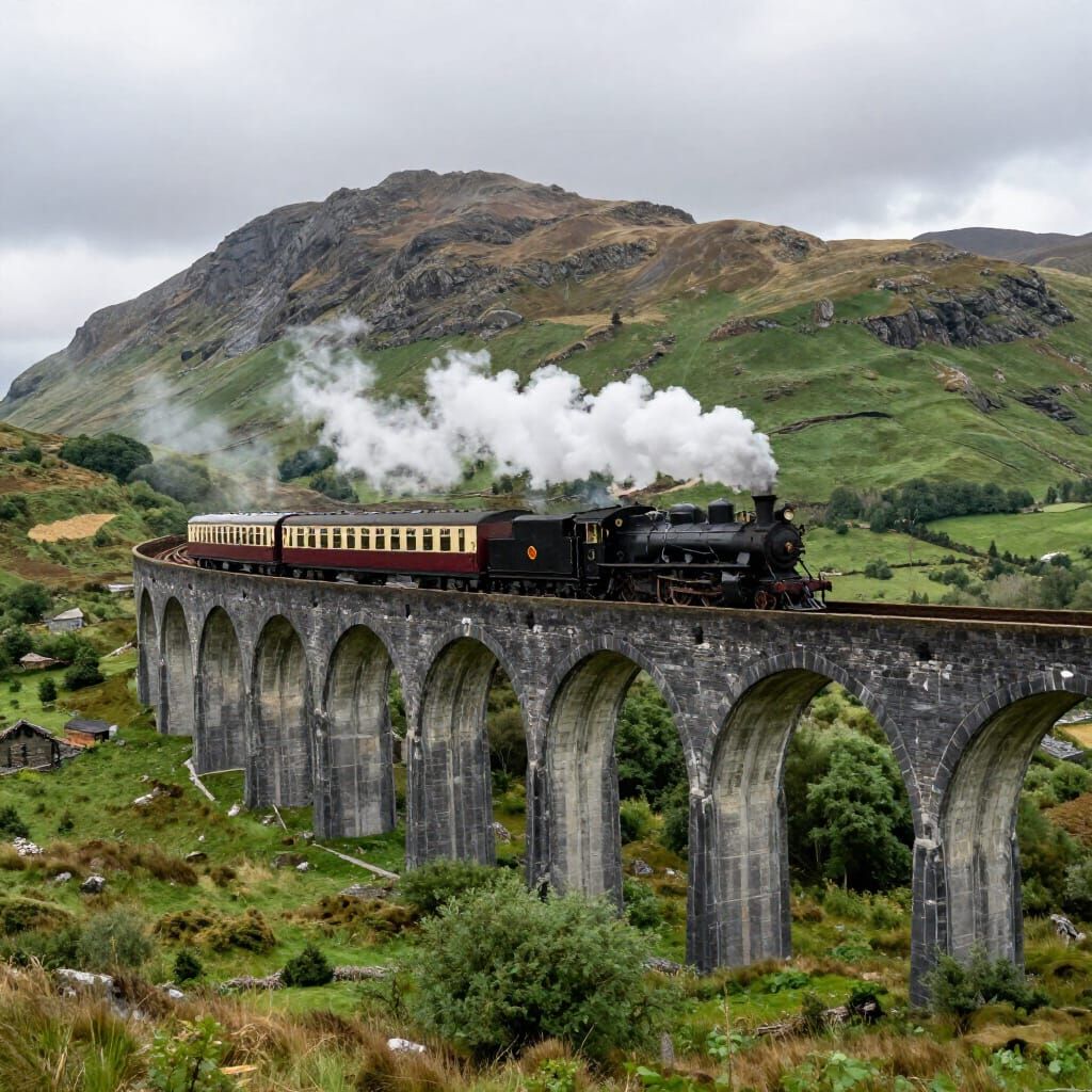 Vintage Steam Train on Stone Viaduct in Mountain Landscape