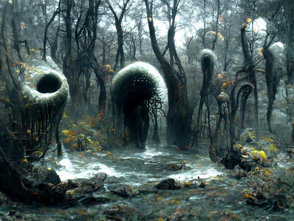 Surreal Vegetation in Misty Hollow: Cosmic Horror