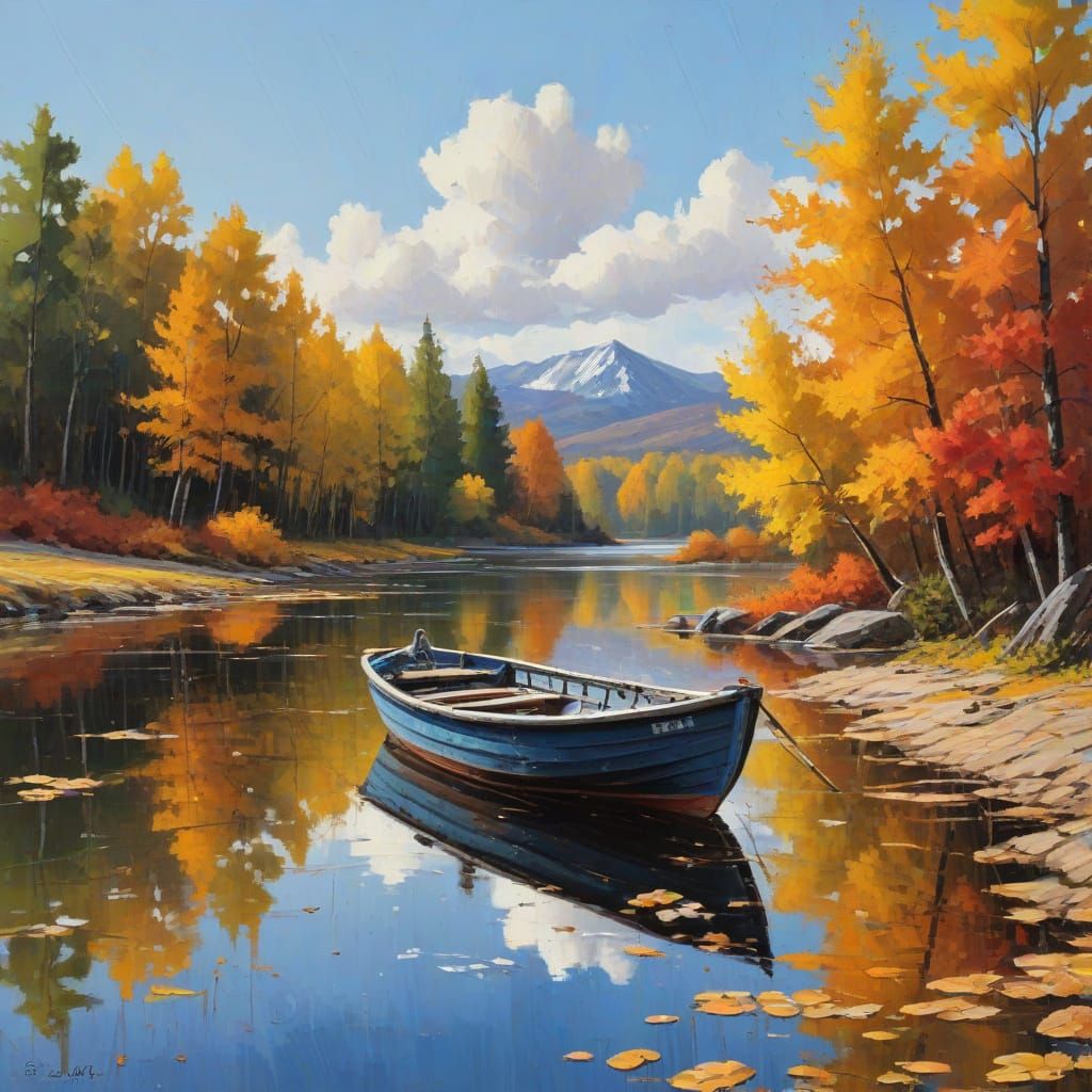 Thick Impasto Painting of Boat on Autumn Lake