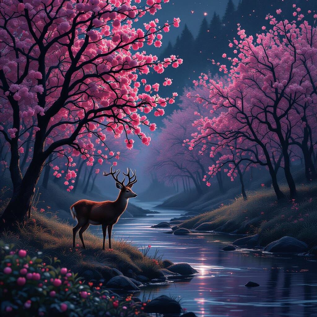 Deer in Plum Forest at Night, Photorealistic Style