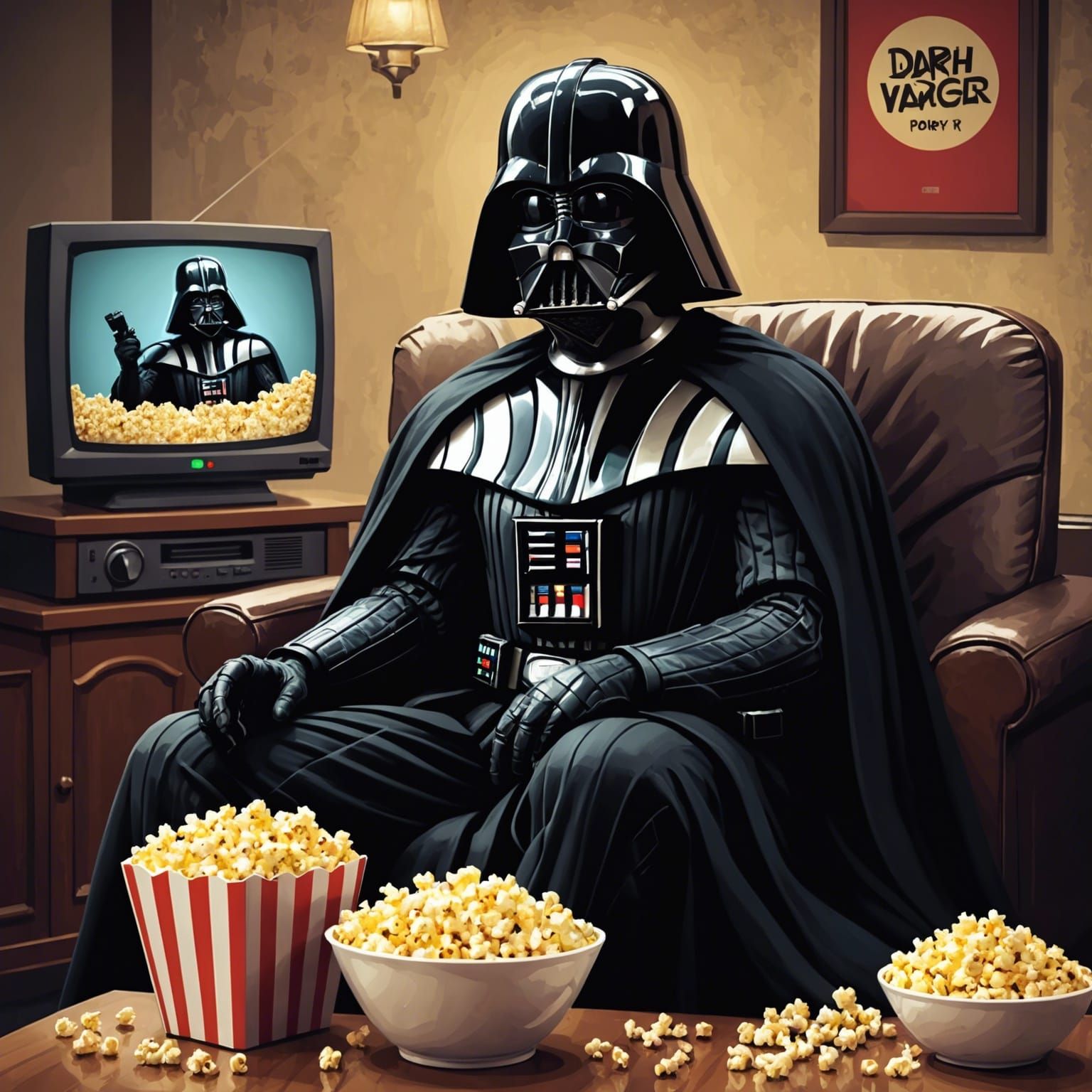 Darth Vader watching TV and eating popcorn