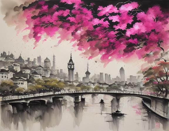 Bougainvillea and Chess Pieces in Watercolor Illustration