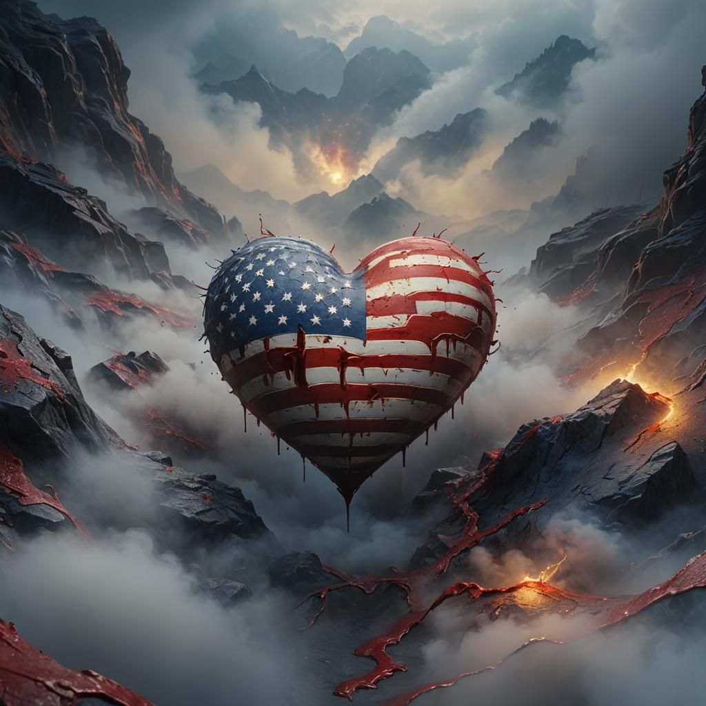 American Flag Heart in Misty, Fantasy Realism
