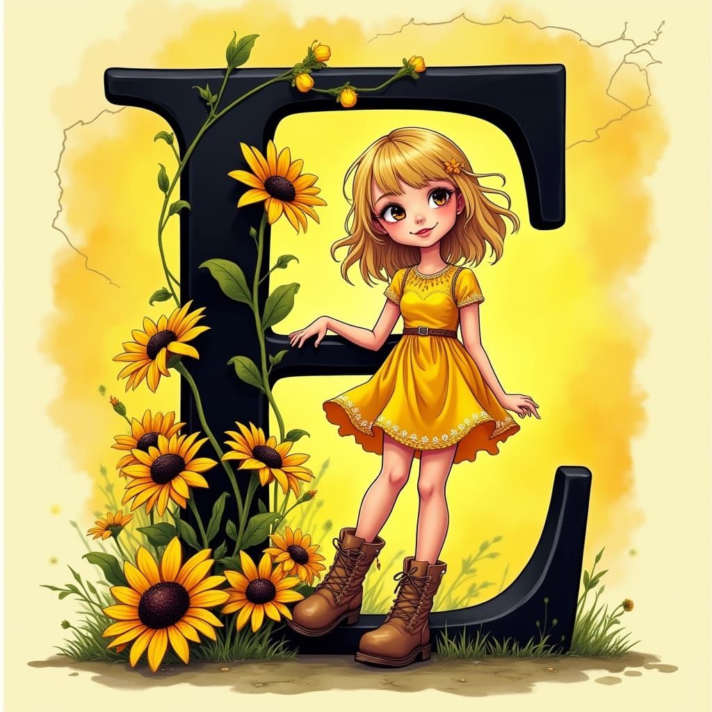 Rudbeckia Letter E in Whimsical Comic Style