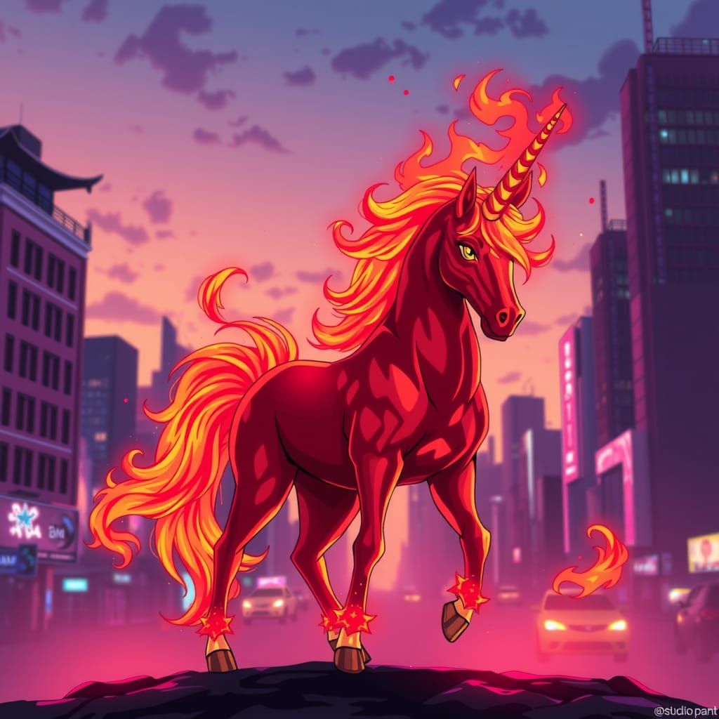 Majestic Flame Unicorn in Anime Style