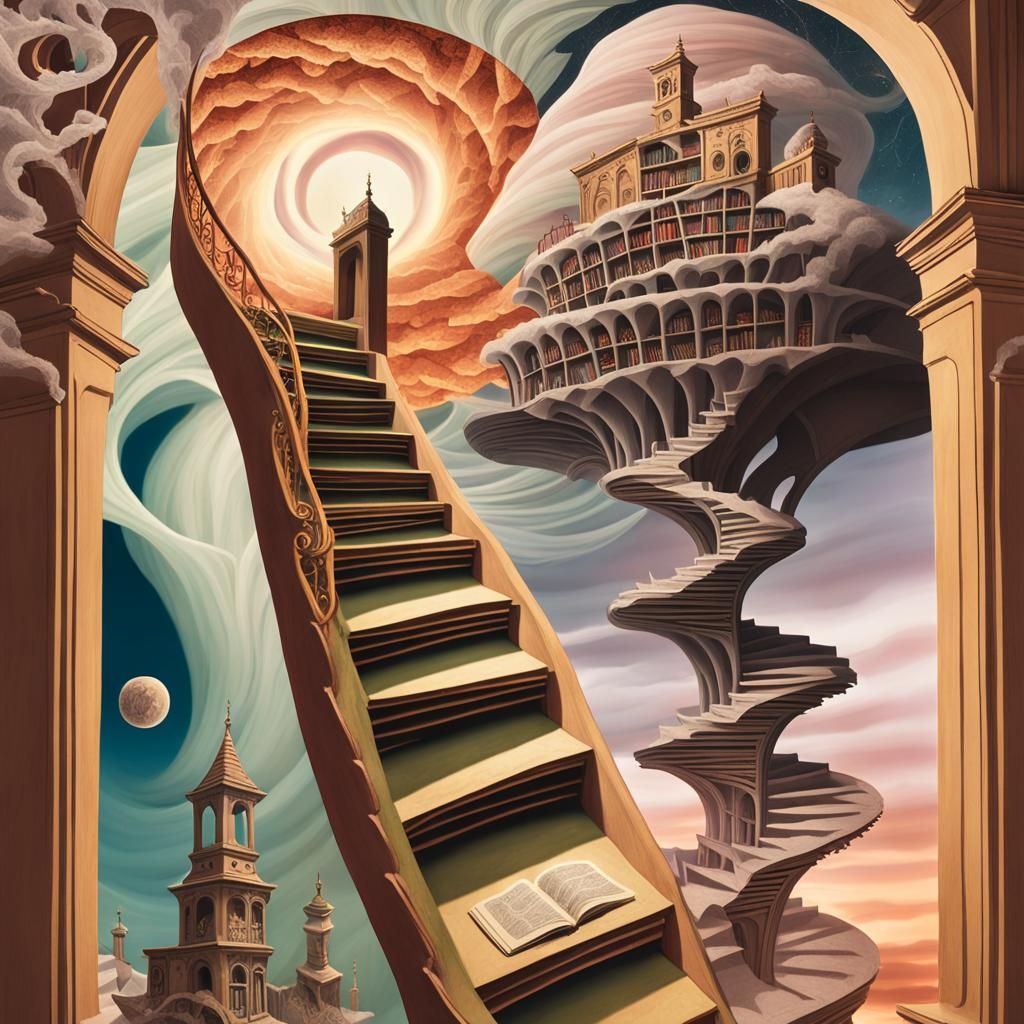 Mystical Library: Surreal Books and Spiral Staircases