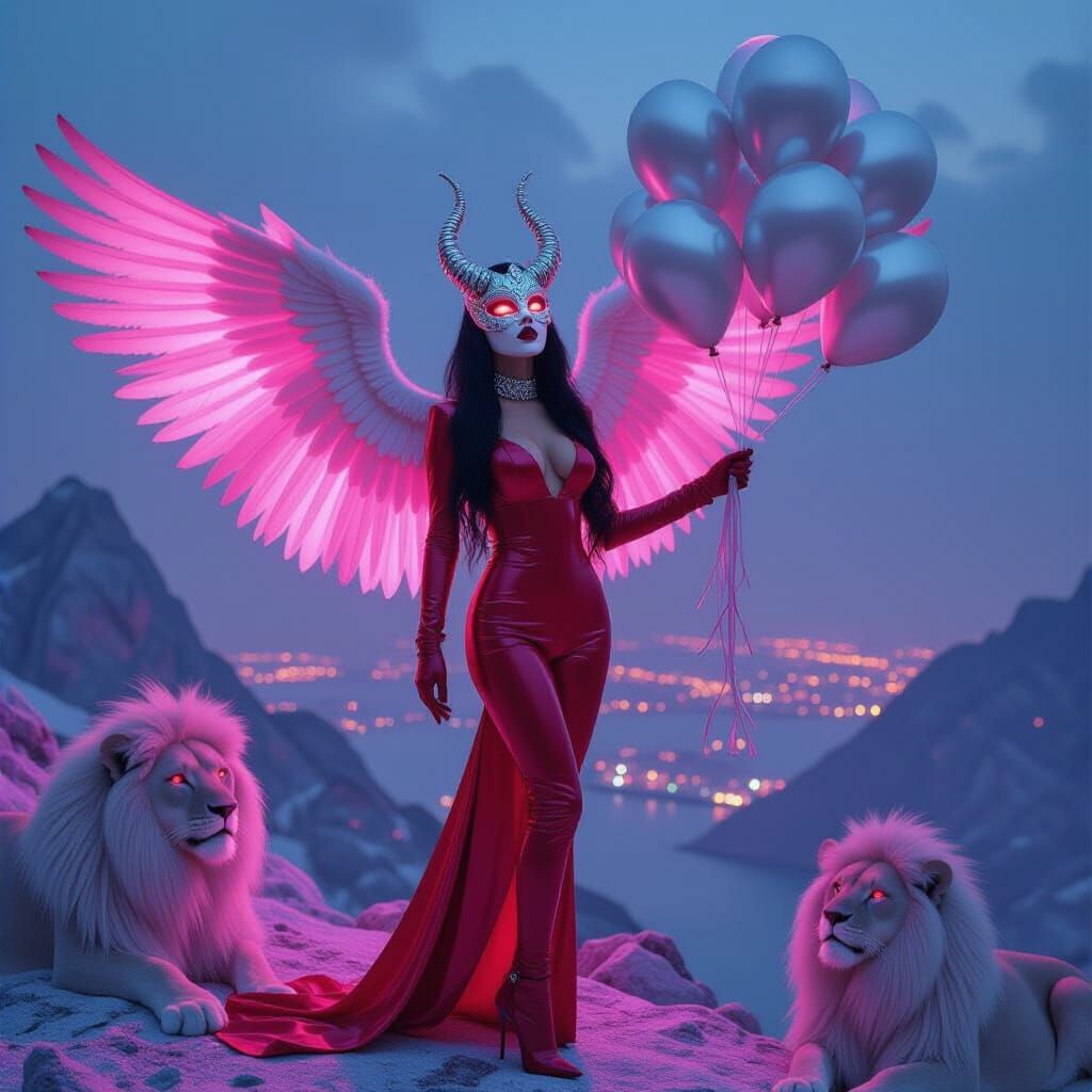 Goddess with Lions and Tigers in Surreal Style