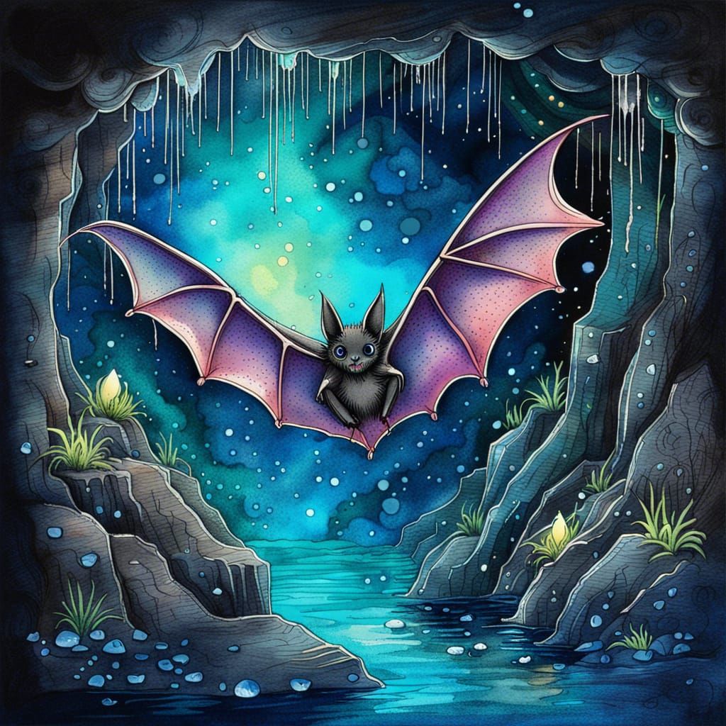 Bioluminescent Bat in Watercolor Calligraphy Grotto