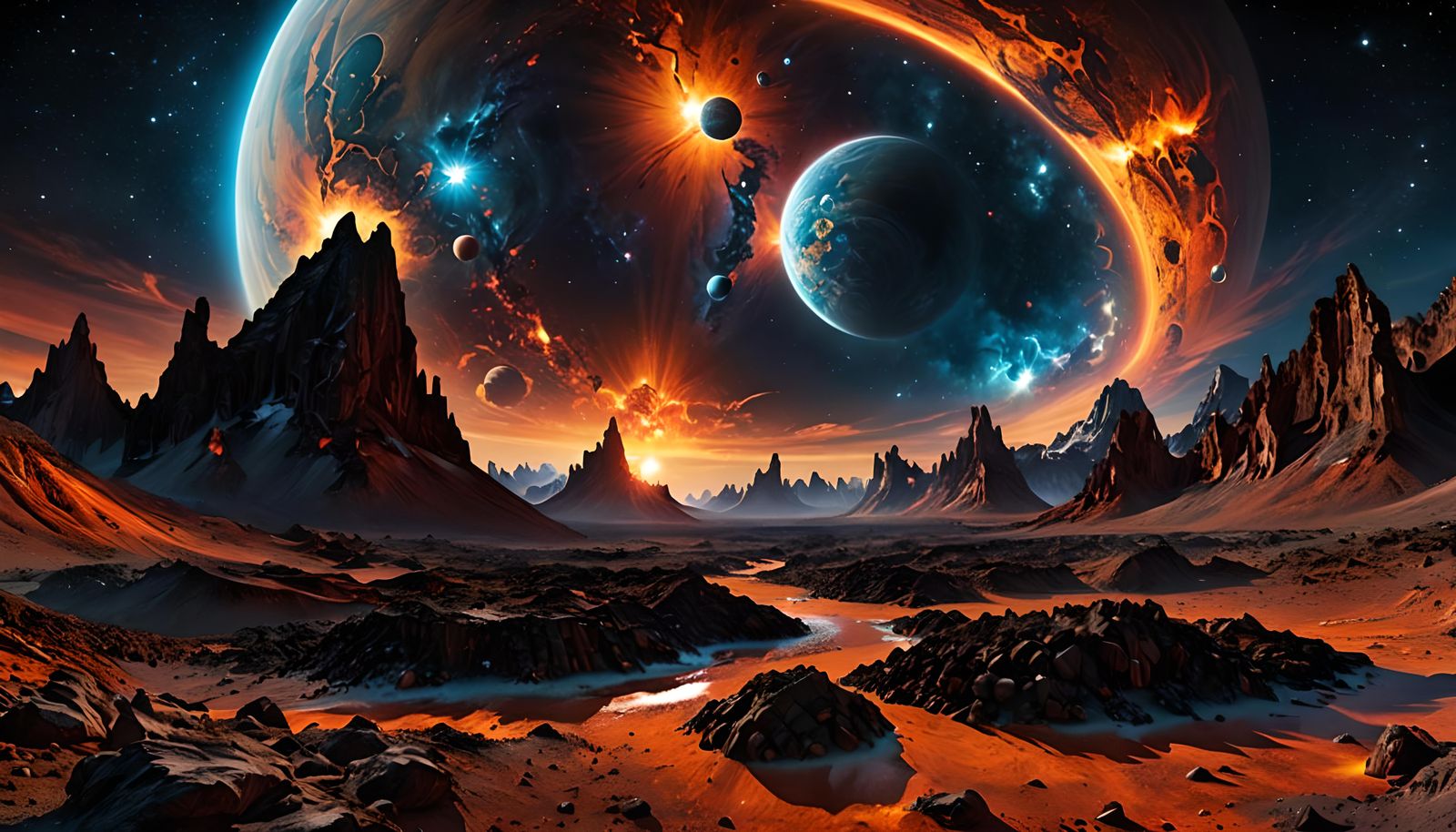 Alien Planet Landscape with Fire, Ice, and Cosmic Sky
