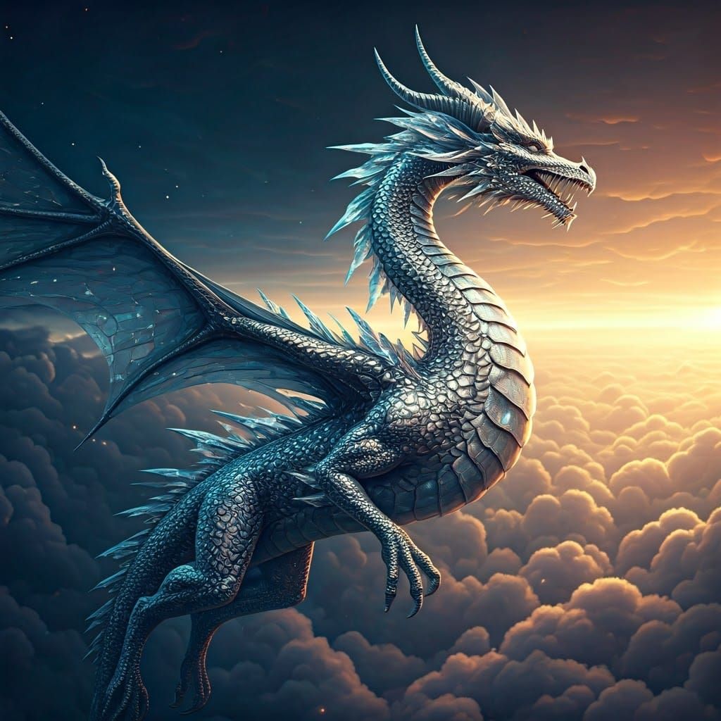 Silver Dragon Soaring Through Iridescent Clouds