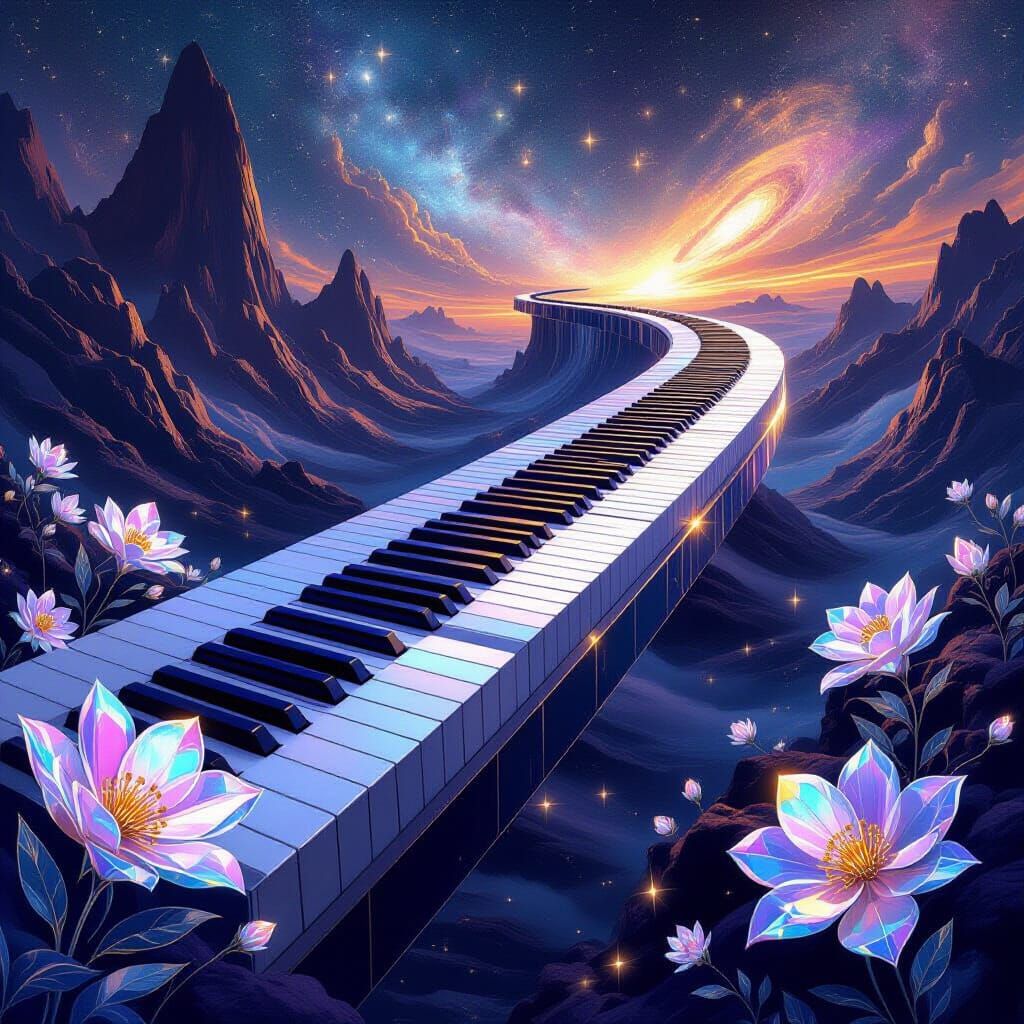 Surreal Piano Keys in Cosmic Nebula with Crystalline Flowers