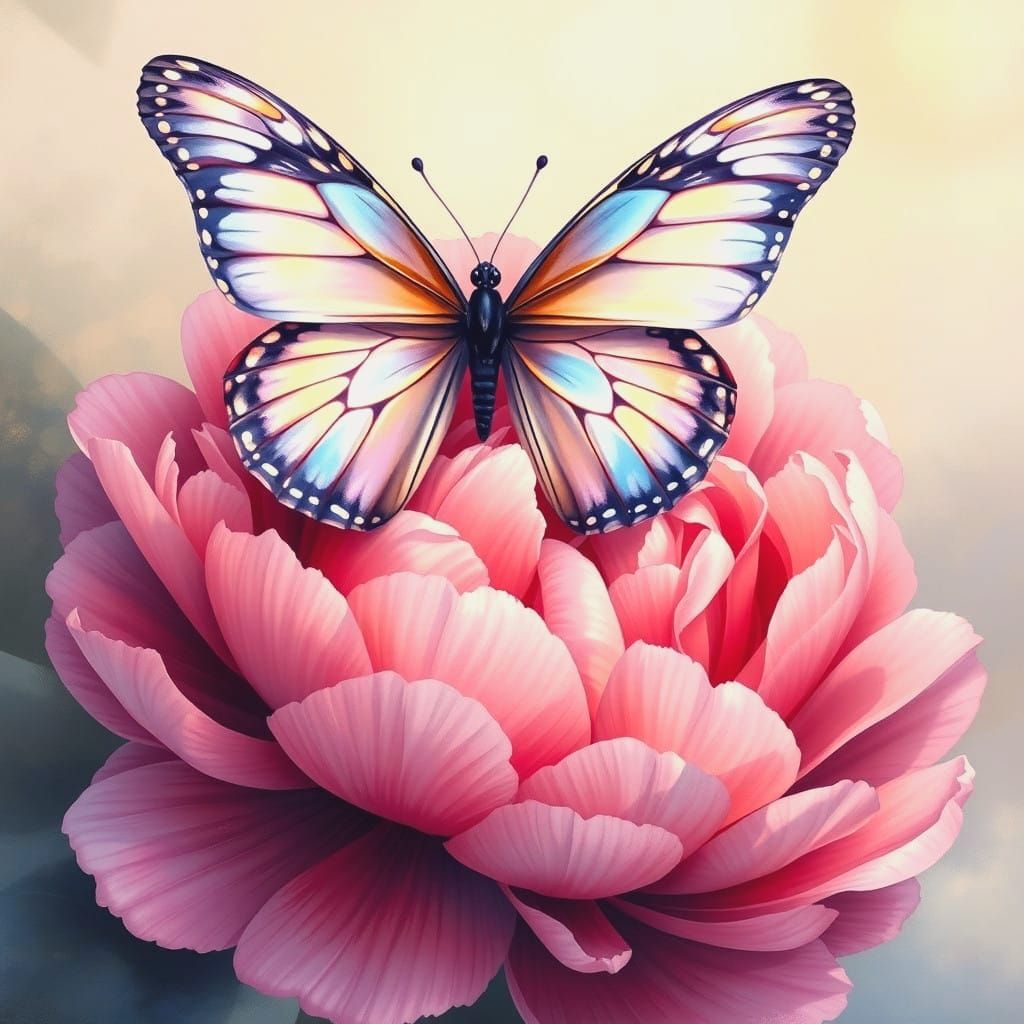 Ethereal Fantasy Painting of Butterfly on Peony