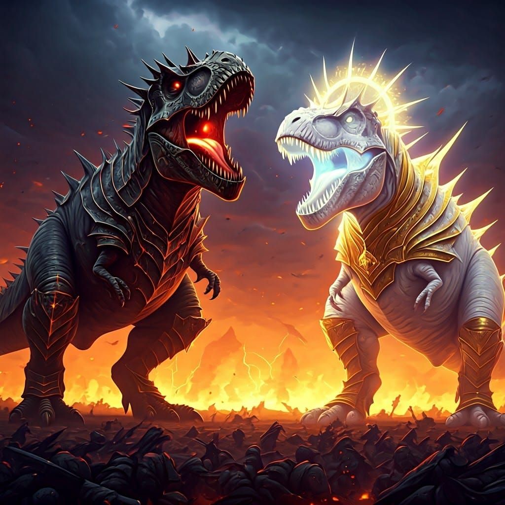 Tyrannosaurus Rex Battle in Dark Fantasy Style
