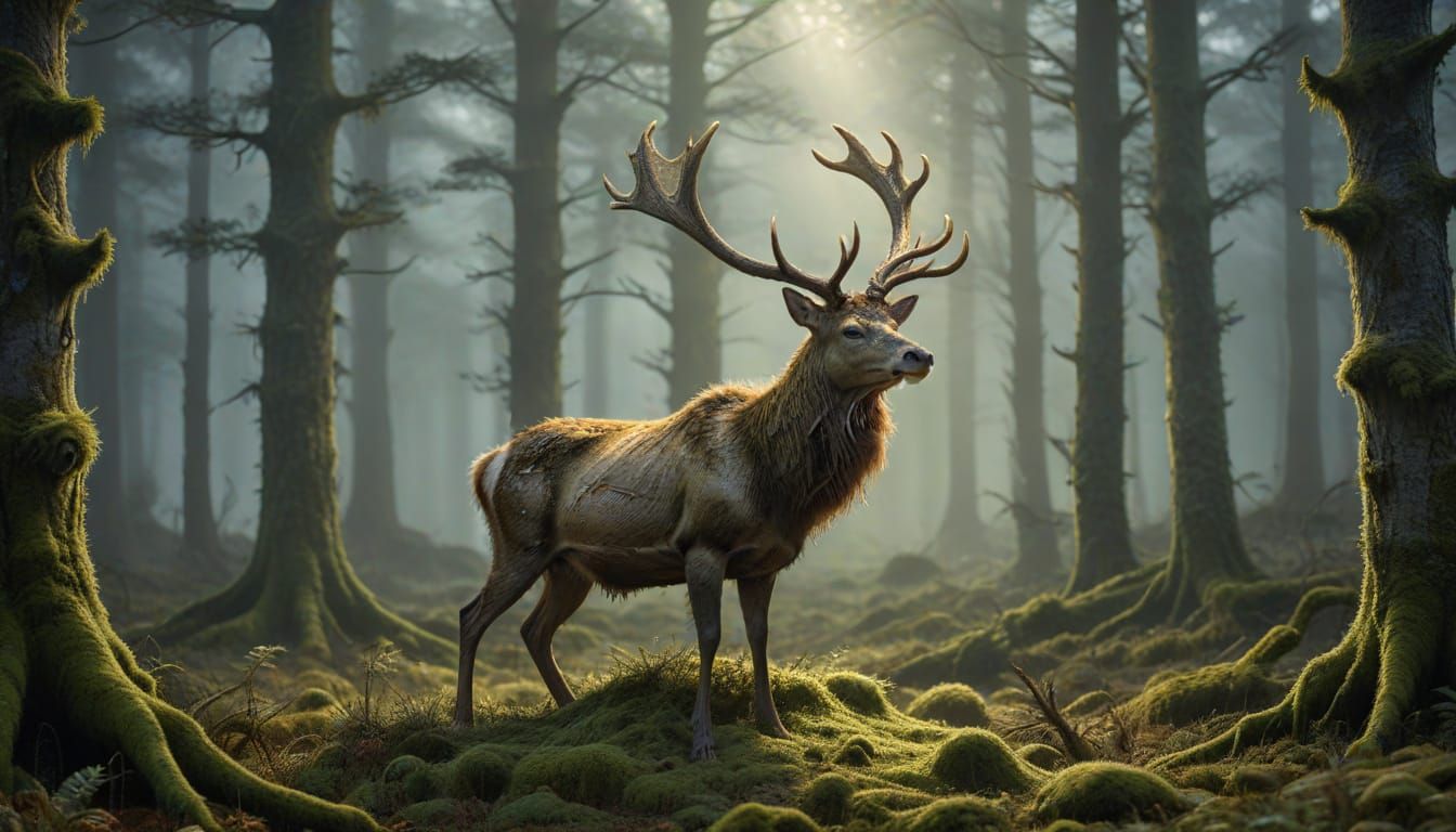 Majestic Stag in Glowing Foggy Forest