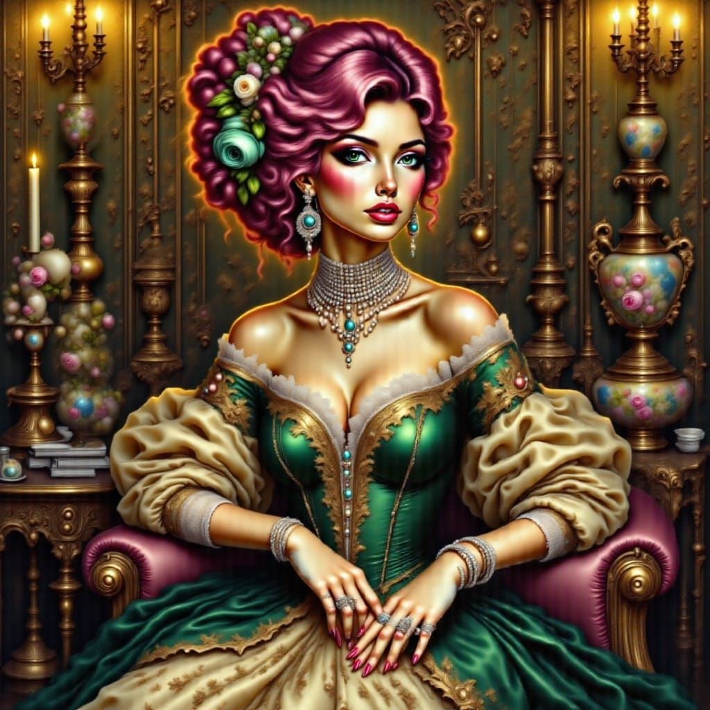 Baroque Masterpiece: Woman in Opulent Green Lace Dress