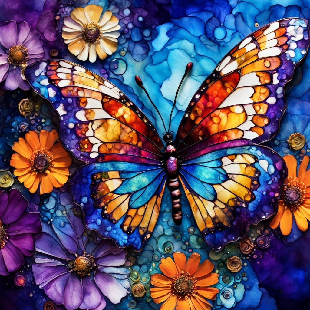 Butterfly in Zinnia Garden, Alcohol Ink Style
