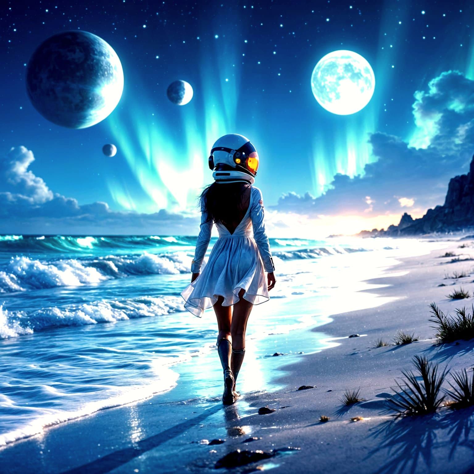 Woman in Astronaut Helmet on Luminous Energy Beach