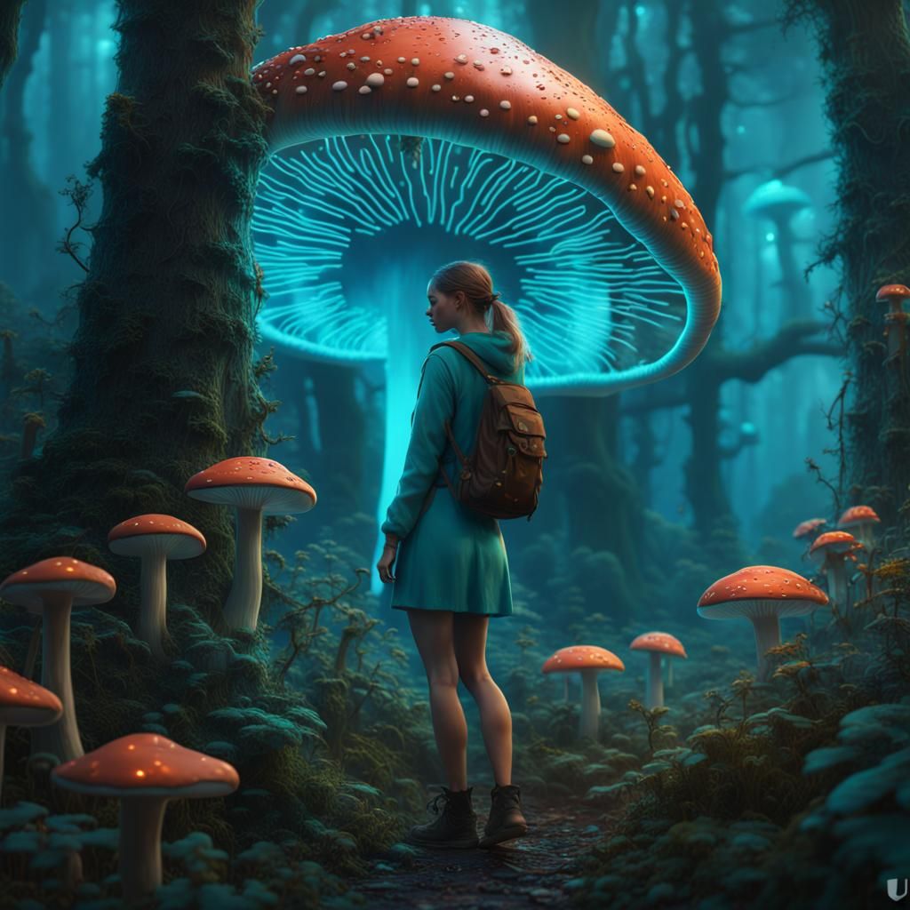 Girl in Bioluminescent Mushroom Forest