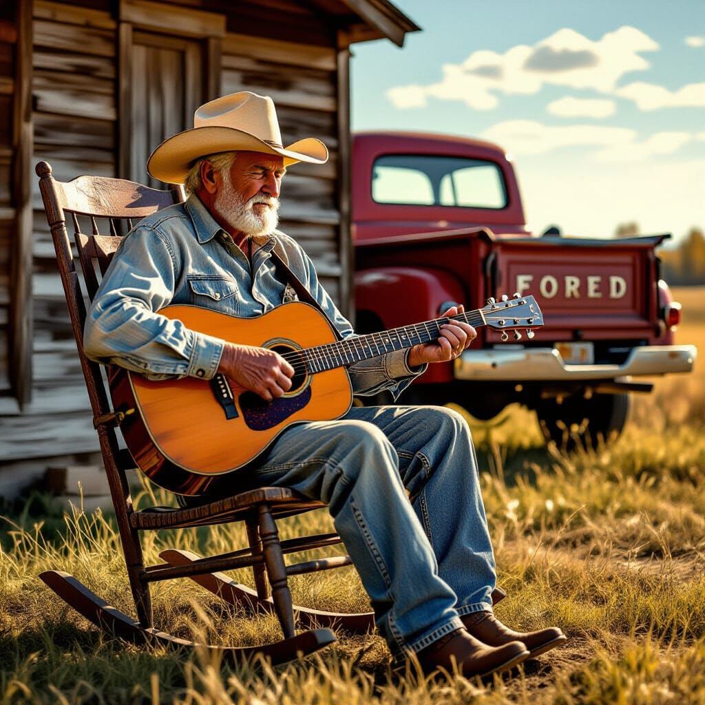 Old Cowboy with Ford Pickup, Wyeth and Sargent Style