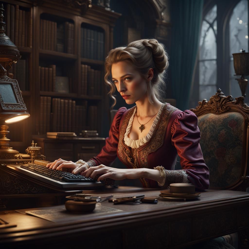 Woman at Antique Desk: Detailed Fantasy Art