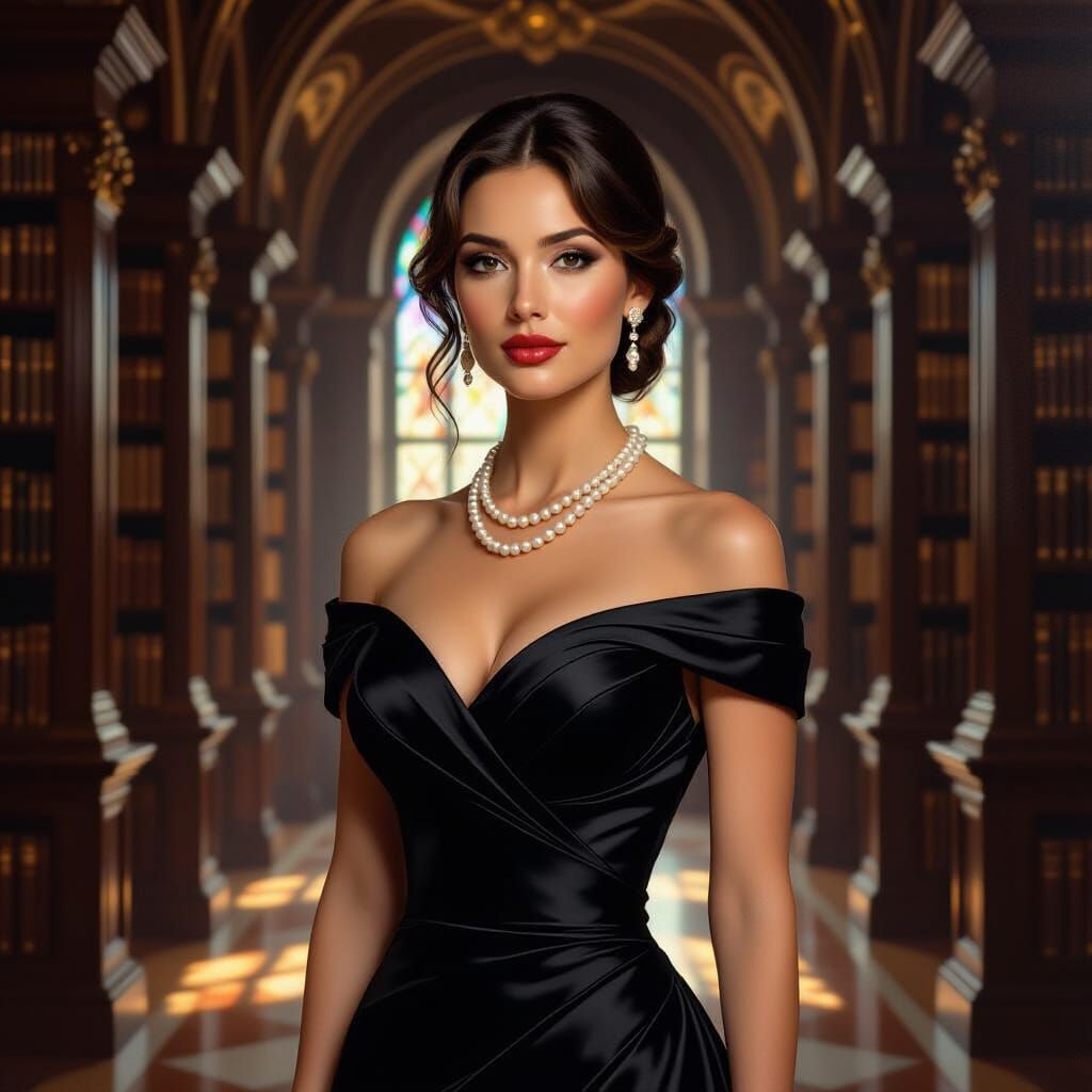 Elegant Woman in Library, Classic Oil Painting Style