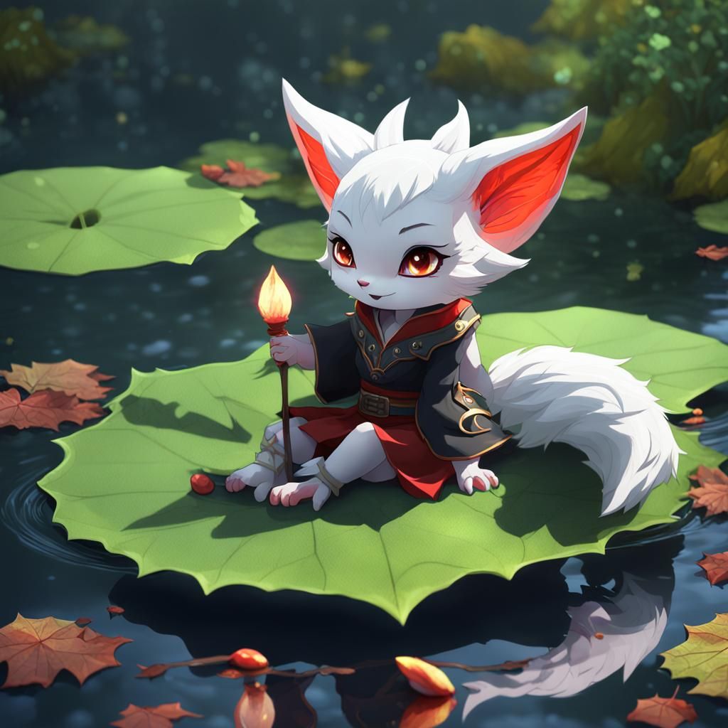 Cute Vampire Kitsune Elf on Lily Pad: Anime Art