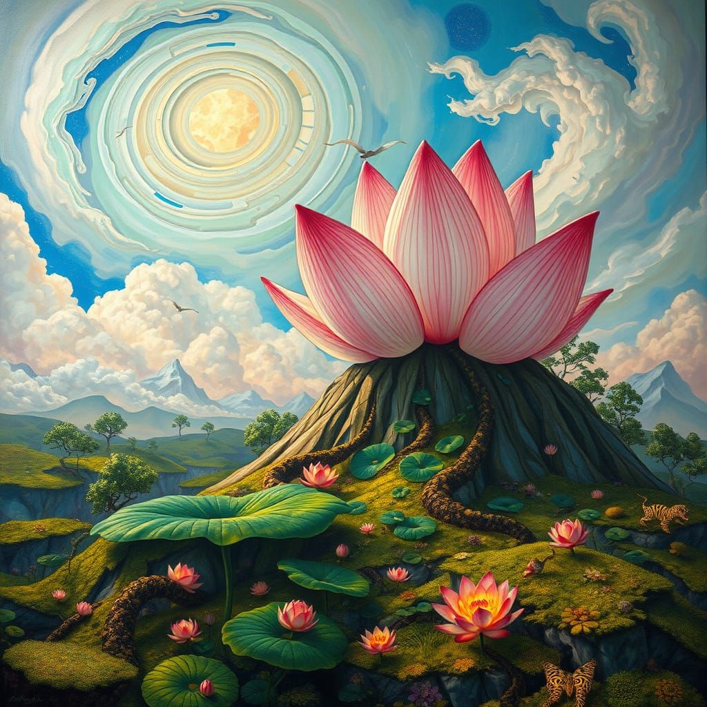Surreal Lotus Blooms on Mountaintop in Dreamlike World
