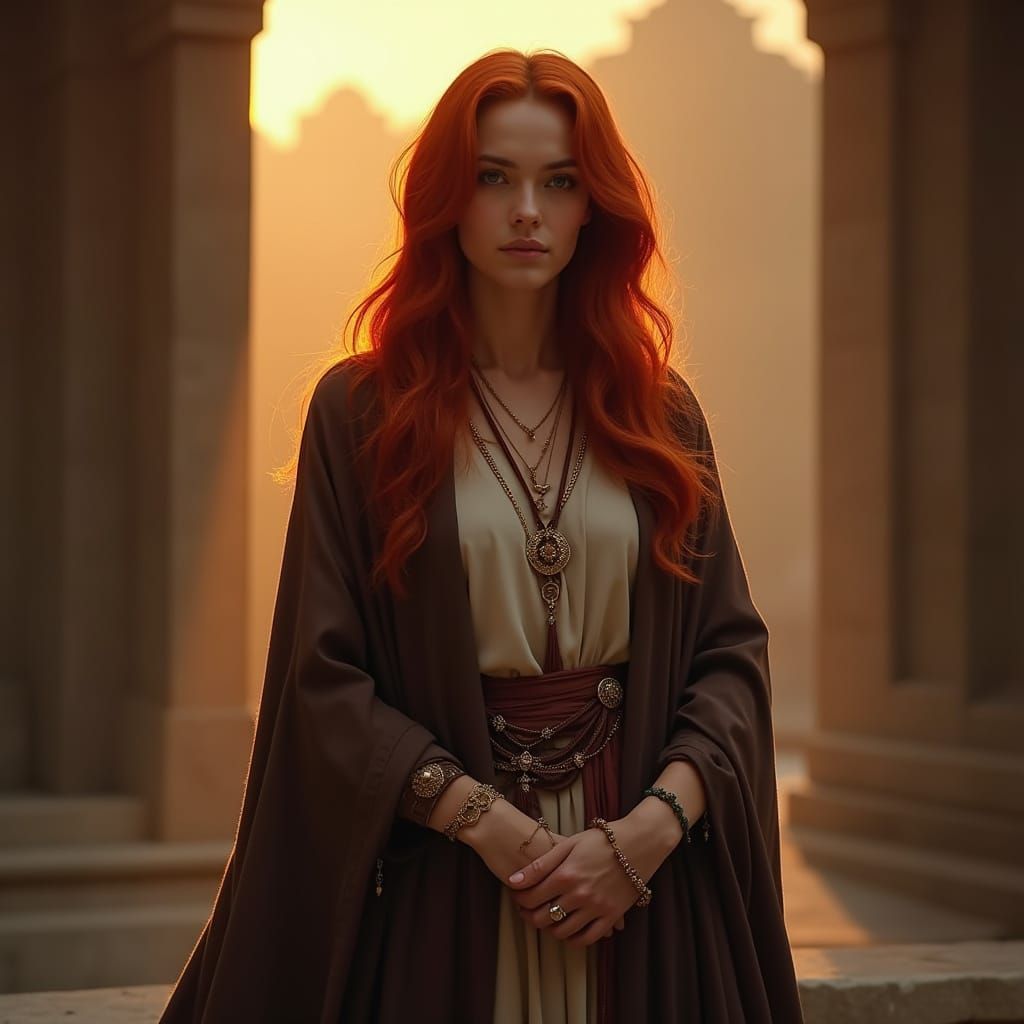 Red Haired Woman in Shrine at Dawn