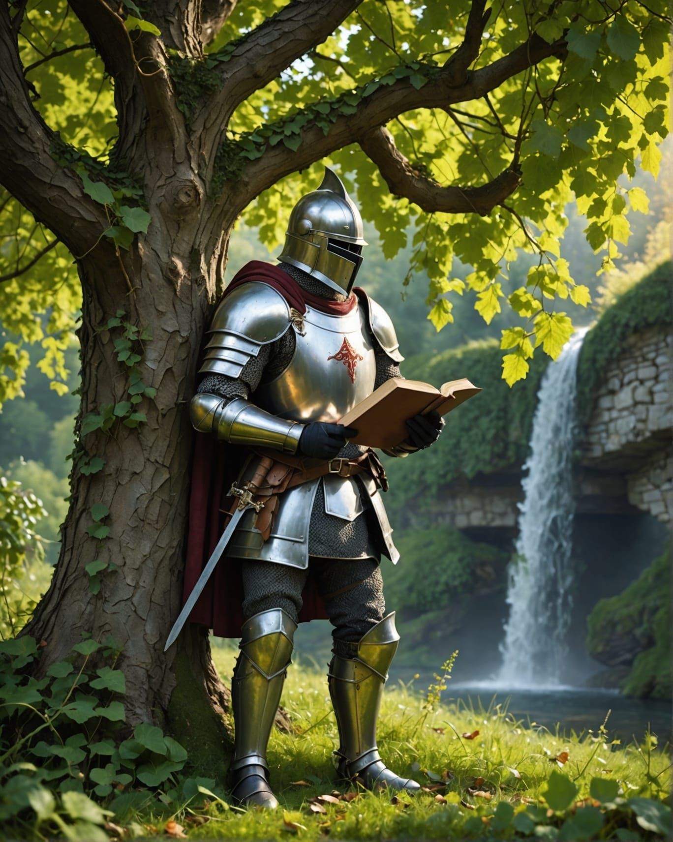 Knight Places Magic Book in Garden: Dark Botanical Art