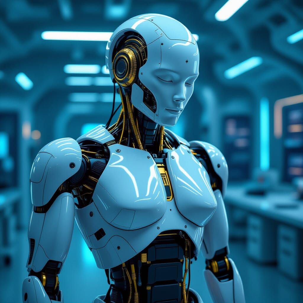 Futuristic Robot with Golden Circuits in Laboratory