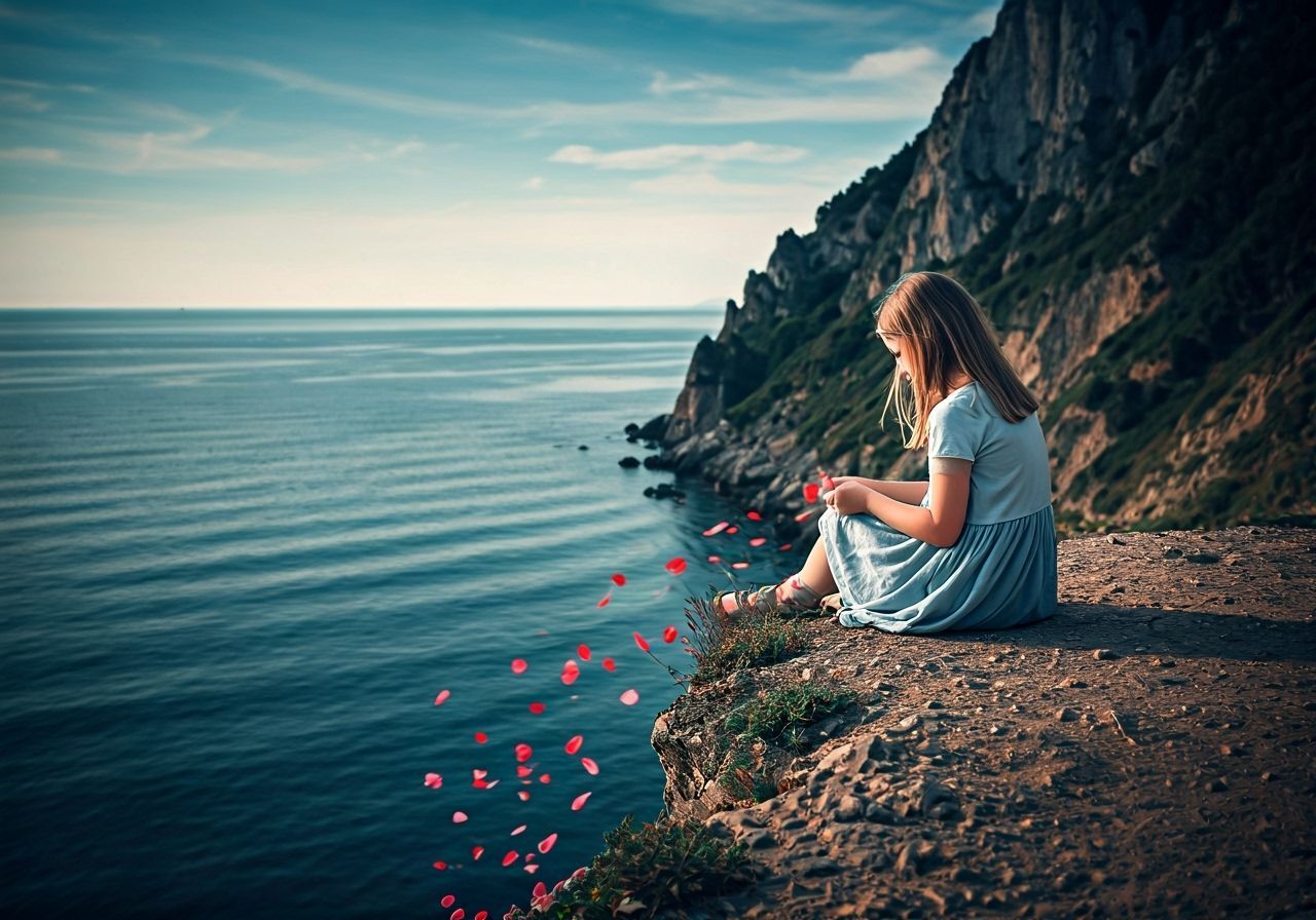 Girl on Cliffside: A Melancholic Cinematic Still
