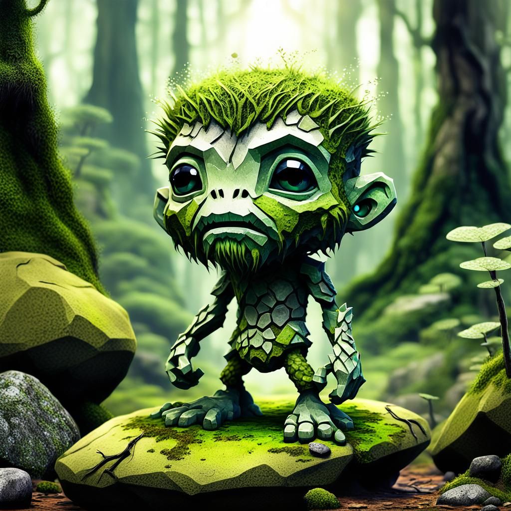 Mossy Rock Humanoid in Mystical Forest, 3D Render