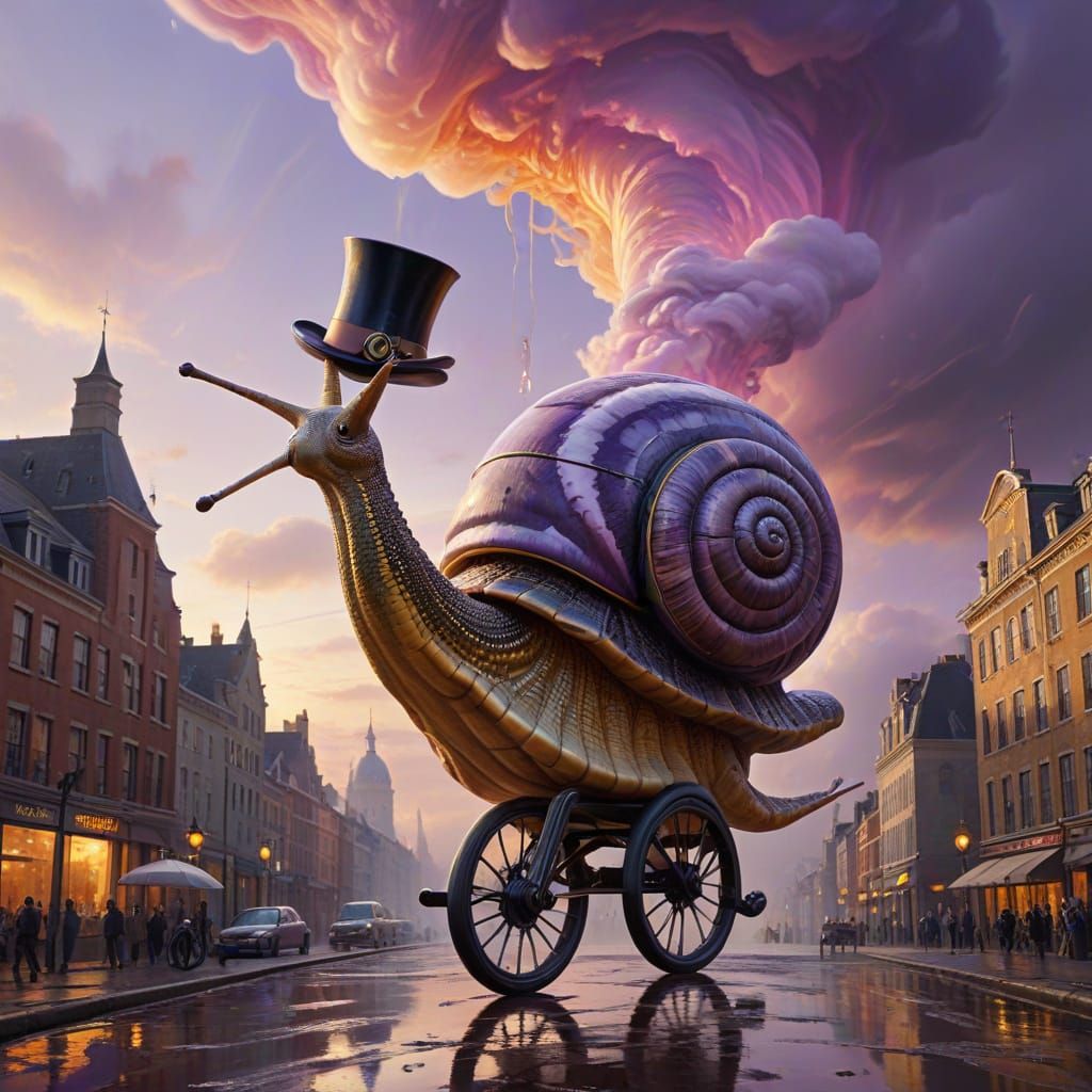 Surreal Unicycling Snail Rides Tightrope Over Melting Citysc...