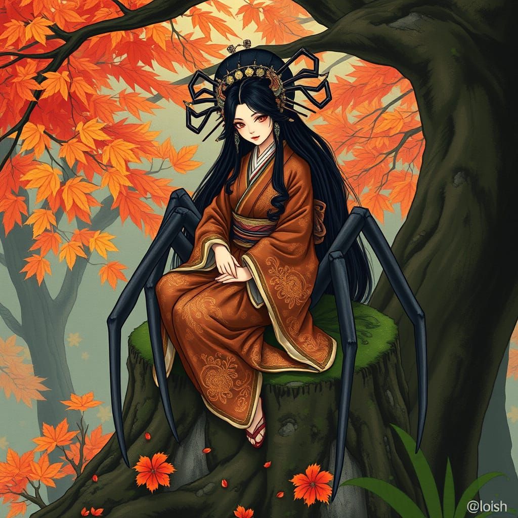 Japanese Spider Woman Goddess in Autumn Splendor