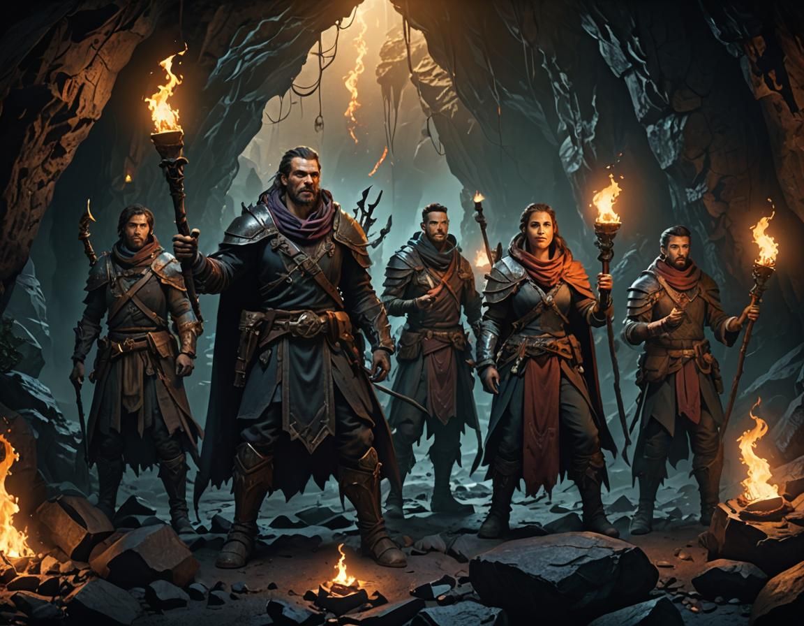 Fantasy Adventurers Explore Dark Cave with Torches