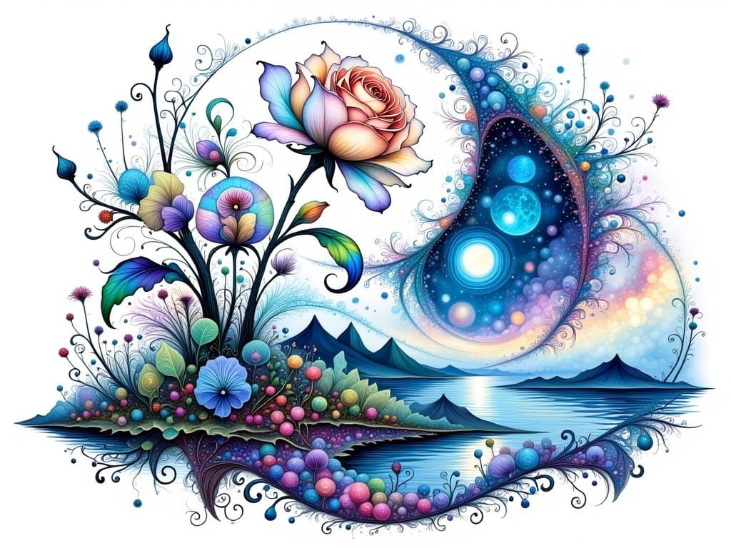 Surreal White Rose Blooms on Starry Lake Isle