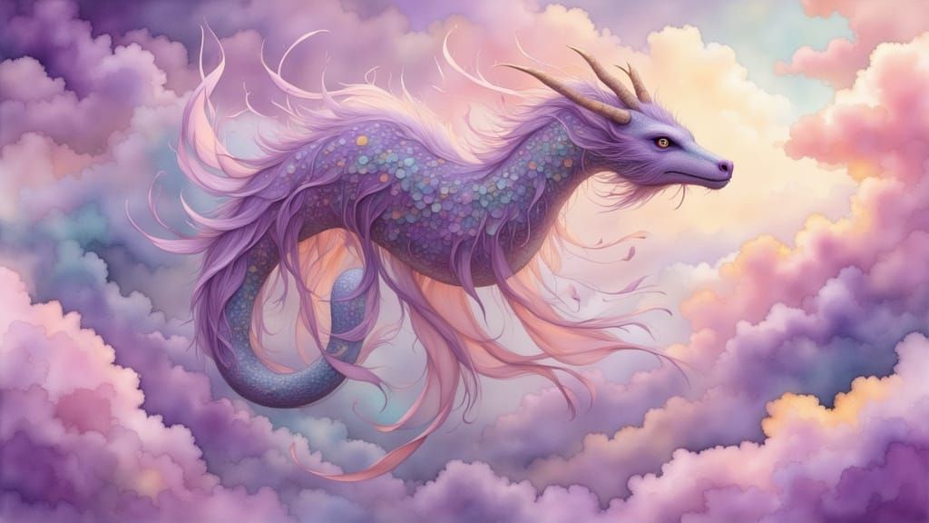 Iridescent Dragon in Pastel Clouds: A Dark Fantasy