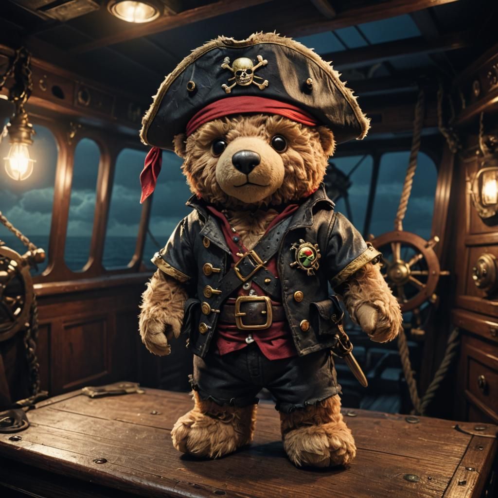 Teddy Bear Pirate on Ship with Parrot