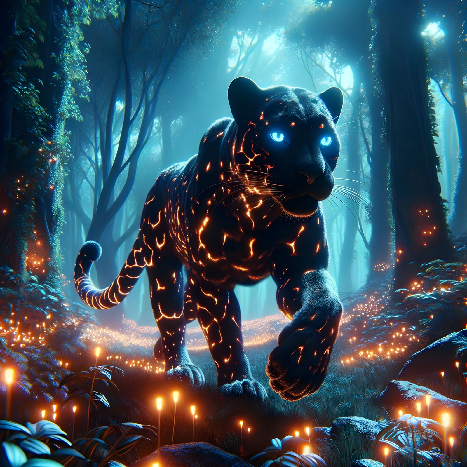 Glowing Leopard Roams Jungle Under Ethereal Fluorescent Ligh...