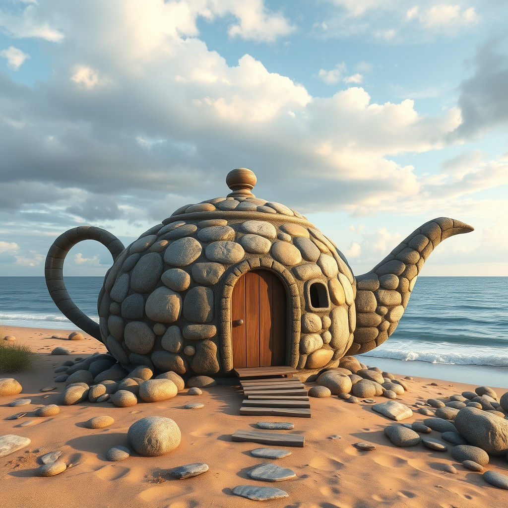 Teapot House on a Beach in Digital Art Style