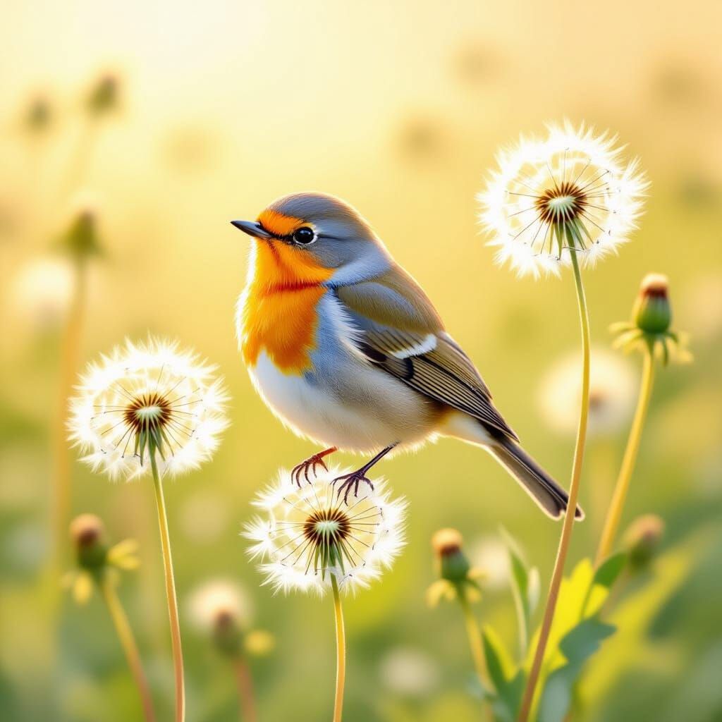 Adorable Bird on Dandelions in Watercolor Style