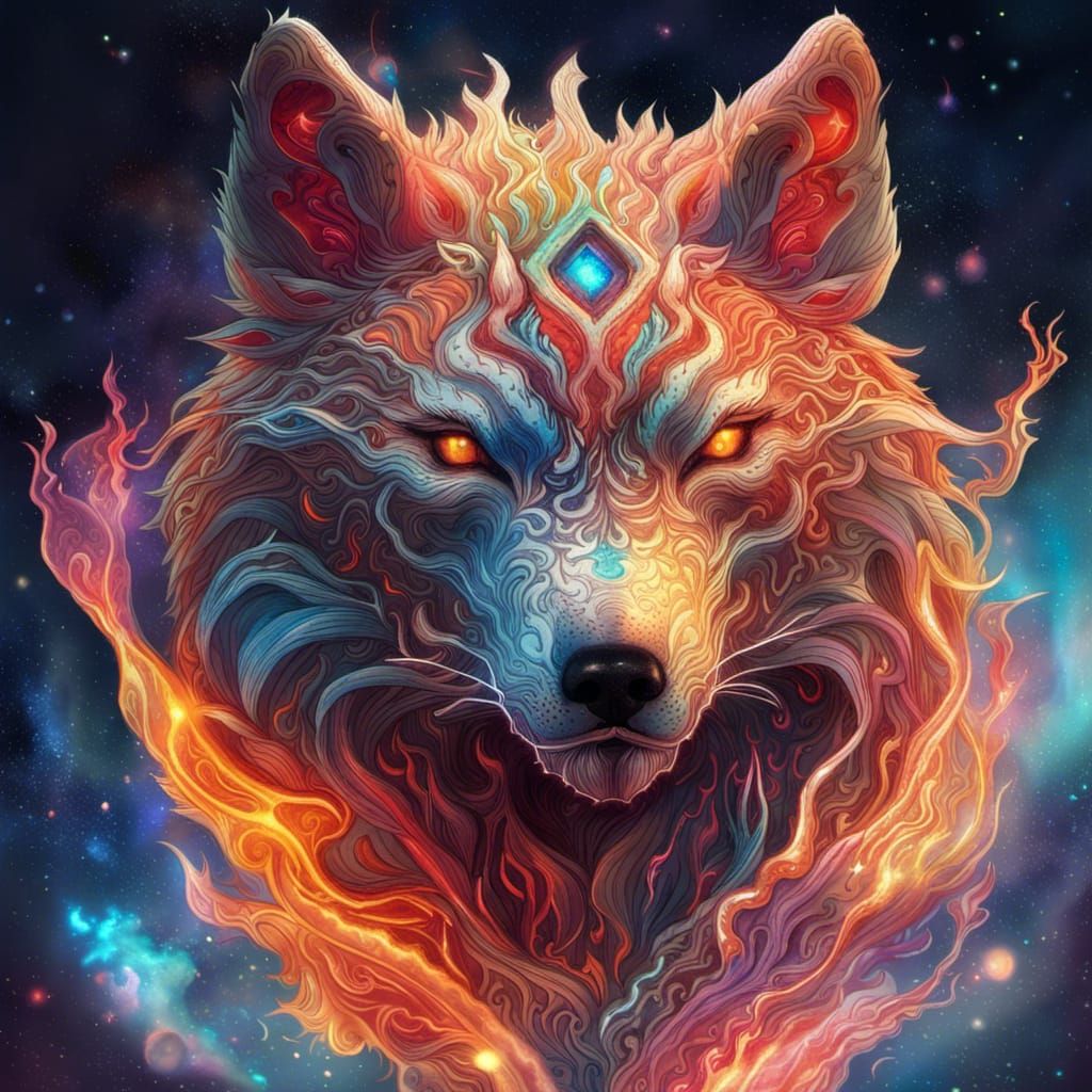 Holographic Fire Wolf: Cosmic Astral Illustration