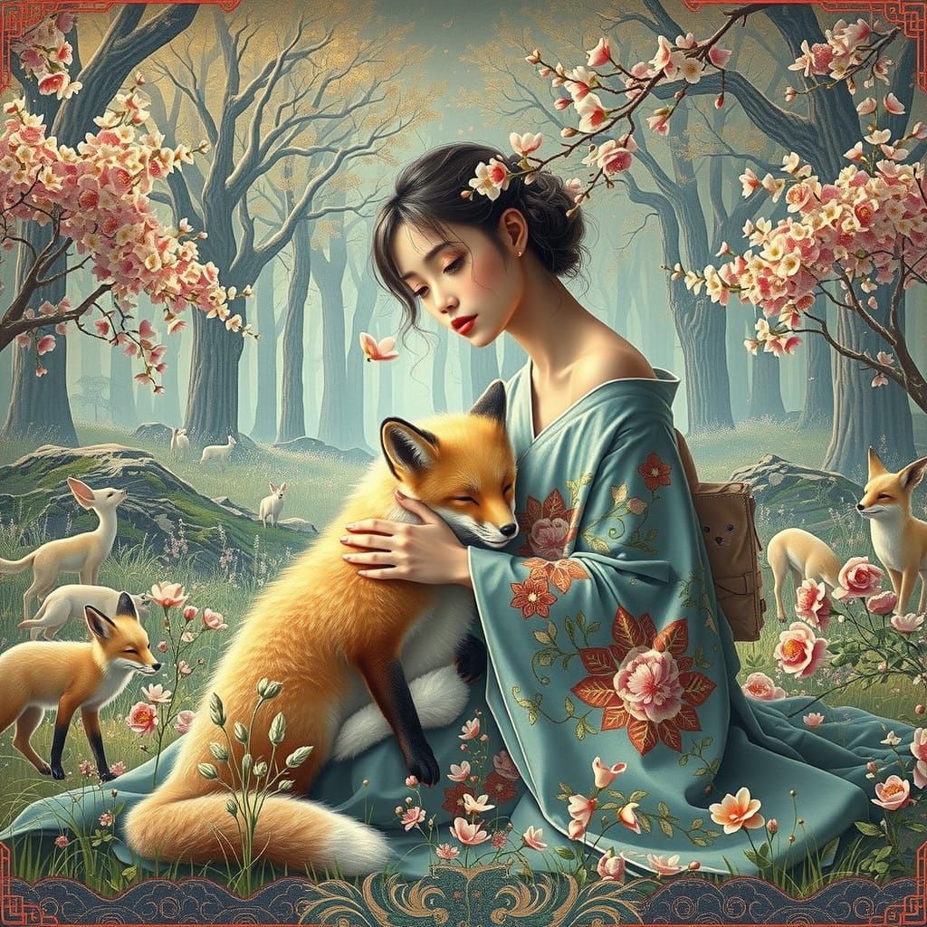 Ethereal Japanese Maiden in Lush Spring Forest